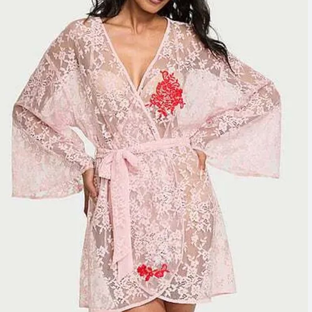 Victoria's Secret Pink Lace Sheer Robe with Red Floral Appliqué
